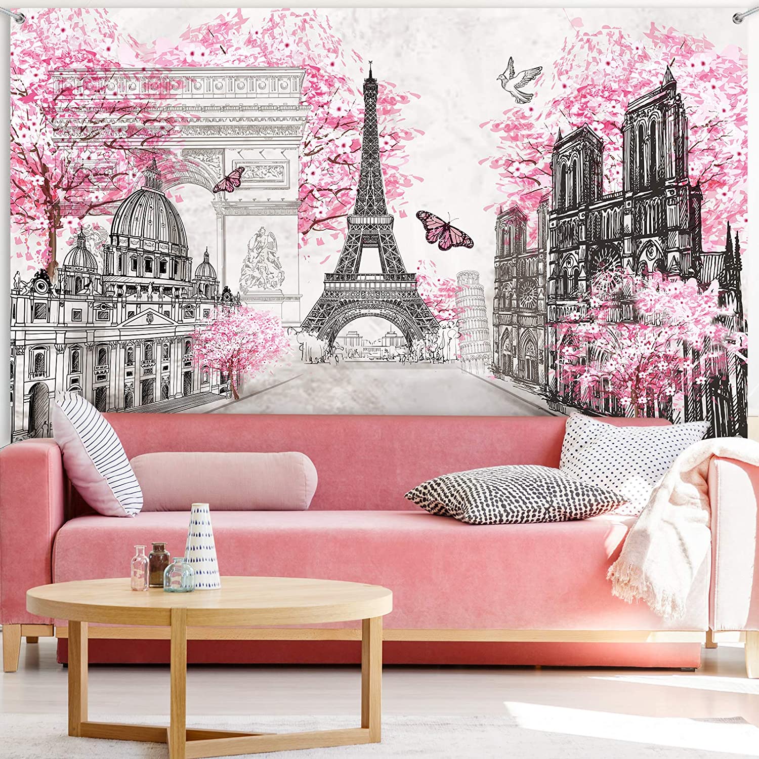 Parijs Tapestry Achtergrond Parijs Muur Art Eiffeltoren Foto Banner Achtergrond Europese Stad Landschap Roze Muur Opknoping Decor