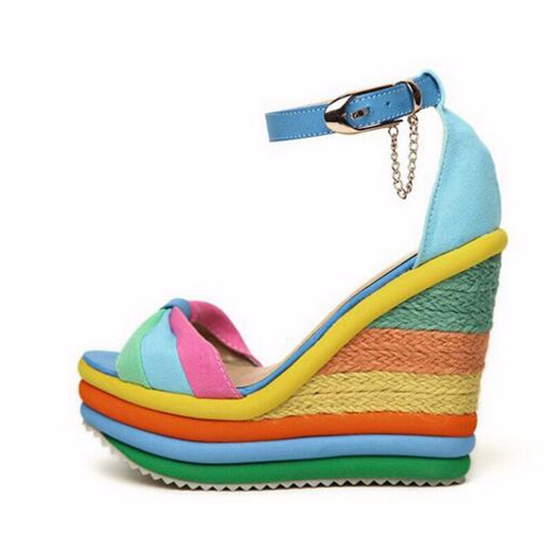 Ceyaneaossandals-sandales à plateforme, sandales d'été pour femmes, bloc de couleurs, talons hauts avec lanière à cheville, tressées, été sandales à talons compensés