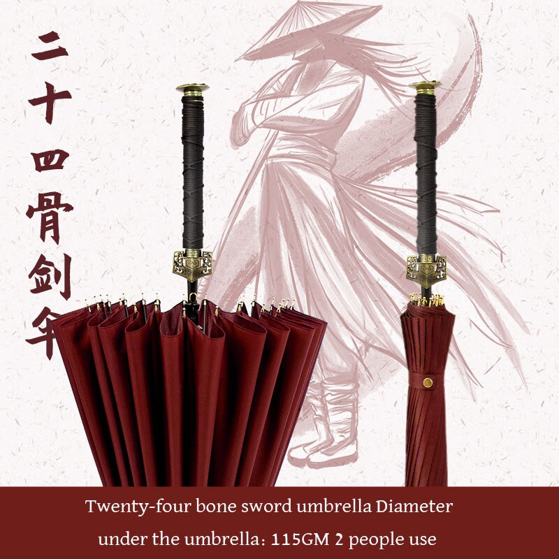 Creatieve Lange Handvat Grote Winddicht Samurai Zwaard Paraplu 24 Bone Zwaardvechter Zon Regen Paraplu Verfijnde Metalen Cap: 24K Red