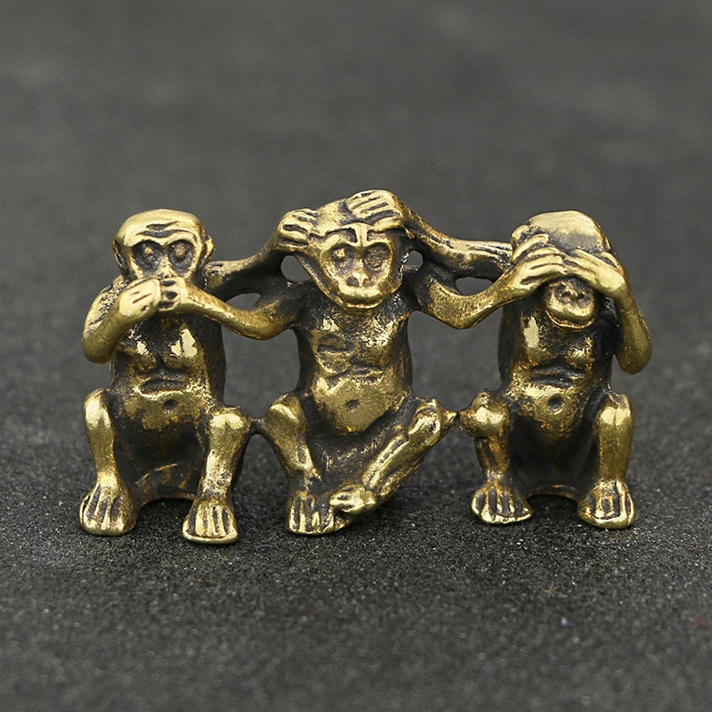 Mini retro mässing söt 3- apor sitter staty djur skulptur hem kontor skrivbord dekorativ prydnad rolig