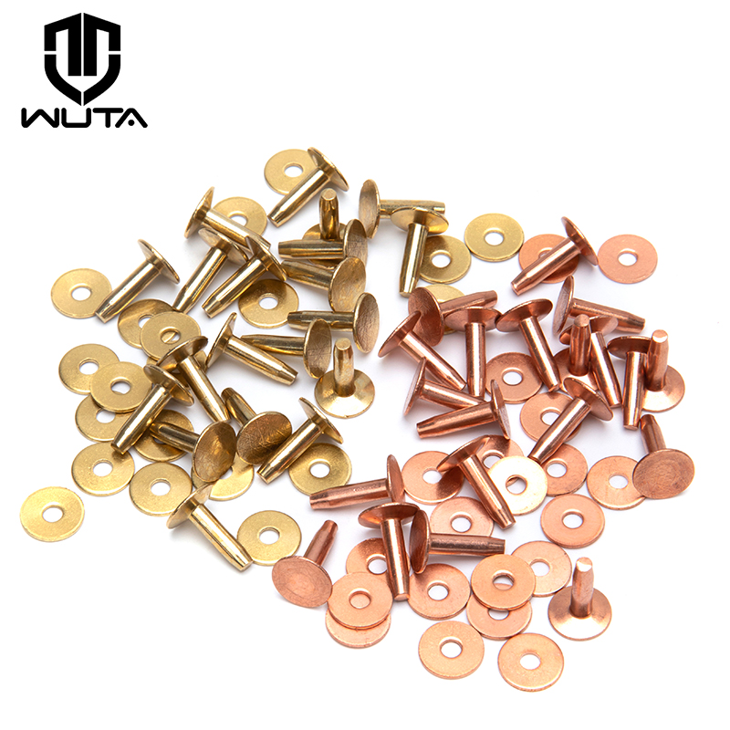 WUTA 50/100 Juego de remaches de cuero de latón macizo con rebabas, tachuelas de remache de cobre, sujetadores permanentes para manualidades, cinturones, coleteros, puentes