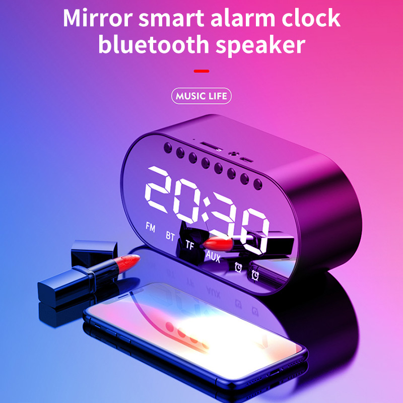 Draadloze klok, luidspreker, spiegel, led, dubbele wekker, bluetooth basluidspreker, usb, tf, aux, fm-radio, ingebouwde microfoon, luidspreker