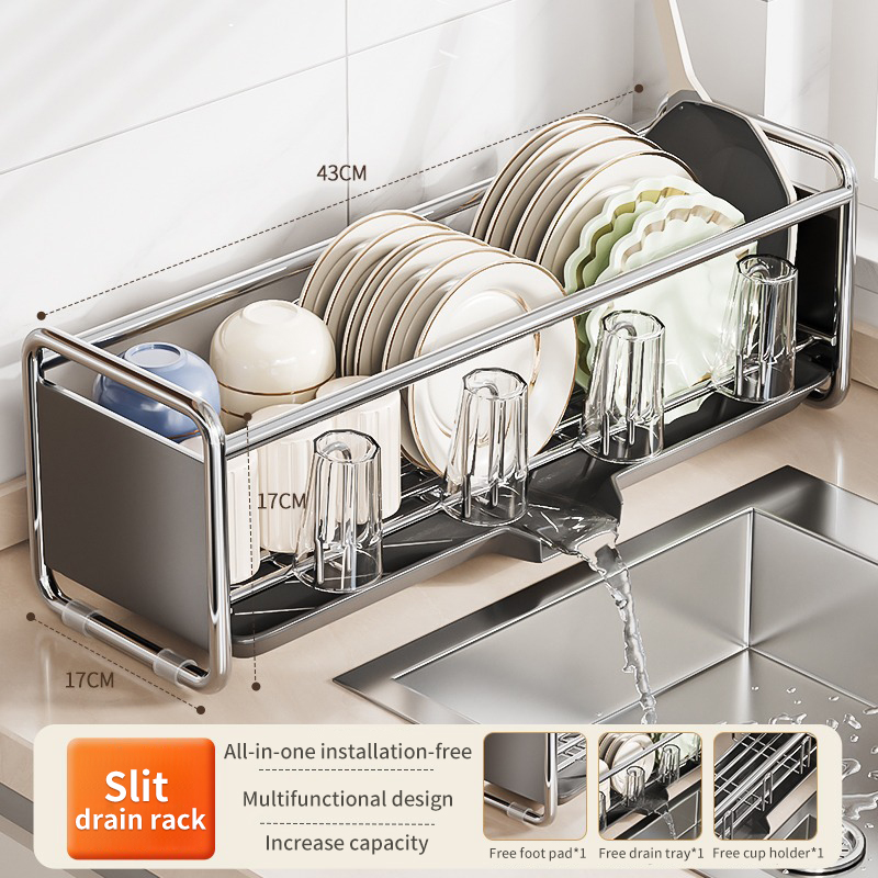 Estante para secar platos, escurridor de cuencos sobre fregadero, escurridor, organizador, cesta para fregadero de cocina, vajilla, soporte para tazas estrechas, estante: Gris claro