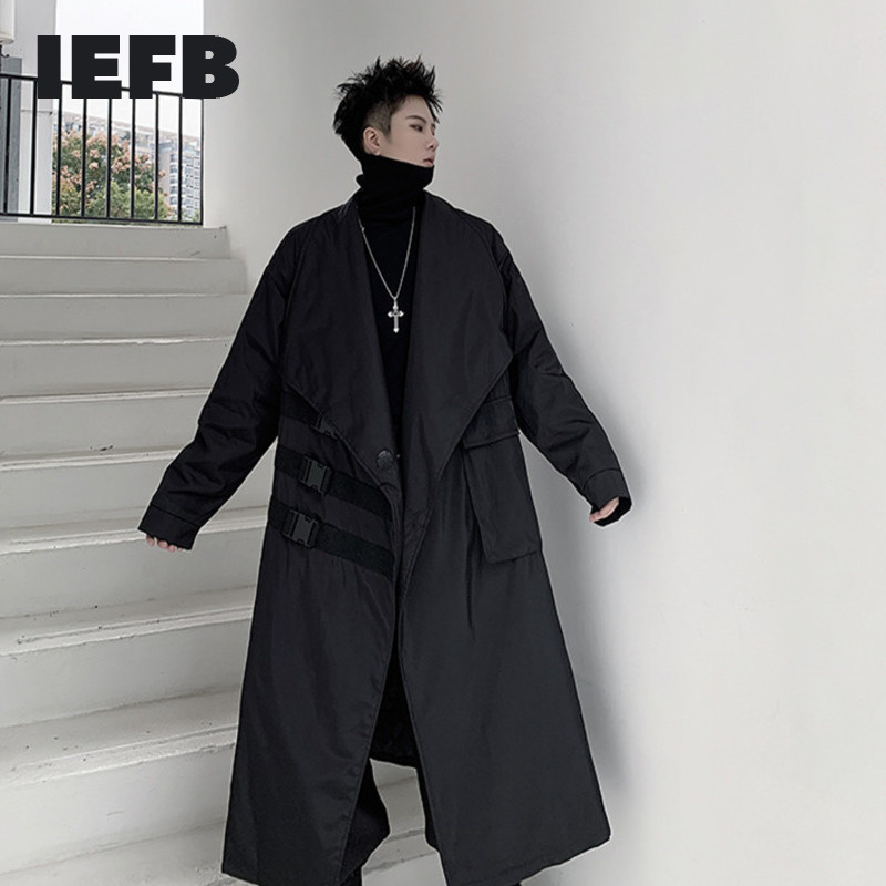 IEFB-gabardina larga negra con solapa grande para hombre, abrigo con mosquetón decorativo con bolsillos, holgado, cortavientos de gran tamaño, novedad de otoño, 9Y4708, 2022