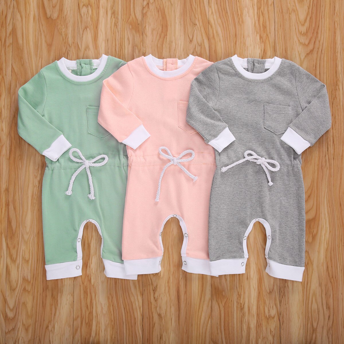 Baby Baby Meisjes Jongens Solid Romper Lange Mouwen Elastische Taille Een Stuk Jumpsuit Met Front Pocket Lente Herfst Kleding