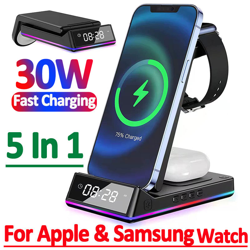 5 in 1 30w hopfällbar trådlös laddningsstation rgb-docka led-klocka snabbladdningsstation för iphone samsung galaxy watch 5/4 s22 s21
