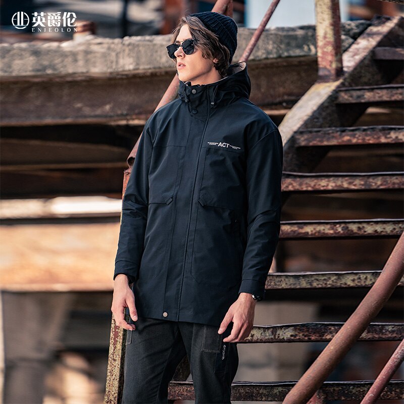 Enjeolon Men Parka Hoodies Jacket Coat Autumn Casual South Korean style Zipper Windbreaker Coat Long Trendy Men's Jackets JK