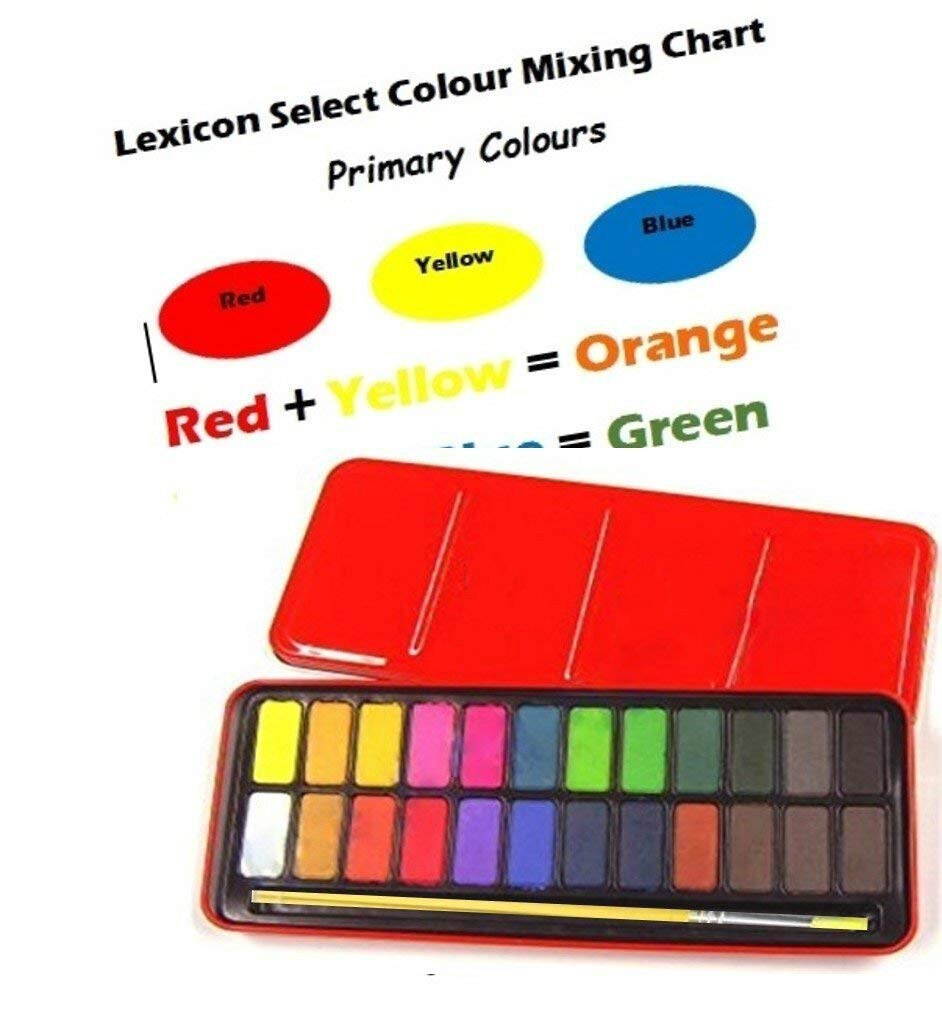 Water Colour Block Tin met 24 Kleuren, Penseel & Kleur Mengen Grafiek