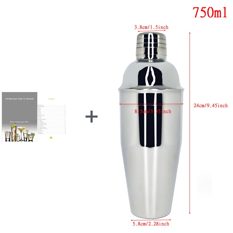 1-13 Pieces Cocktail Shaker Set Bartender Kit Stainless Steel Martini Mixer, Muddler, Spoon, jigger, 4 pourers, Recipes Booklet: 750ML Cup