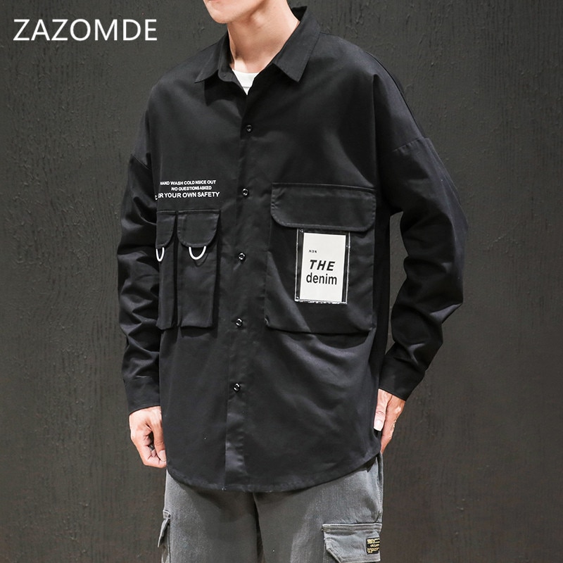 Zazomde sorte skjorter oversize hip hop streetwear casual mærke skjorte herre langærmede løst forår efterår korea tøj