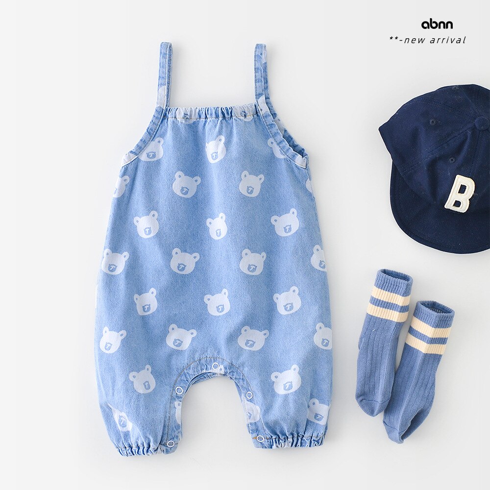 Bebê infantil roupas da menina do menino dos desenhos animados urso cowboy macacão bonito primavera criança sem mangas alças calças compridas macacão