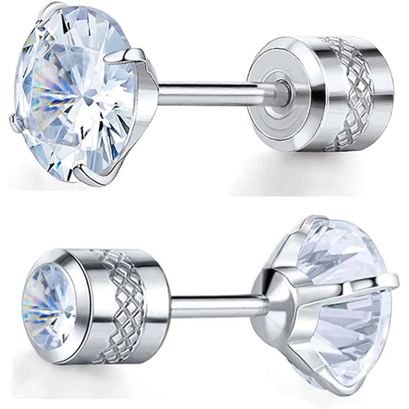 6mm CZ Screw Flat Back Earrings for Women Girls Hypoallergenic for Sensitive Ears Rainbow Cubic Zirconia Stud Earring: SILVER PLATED