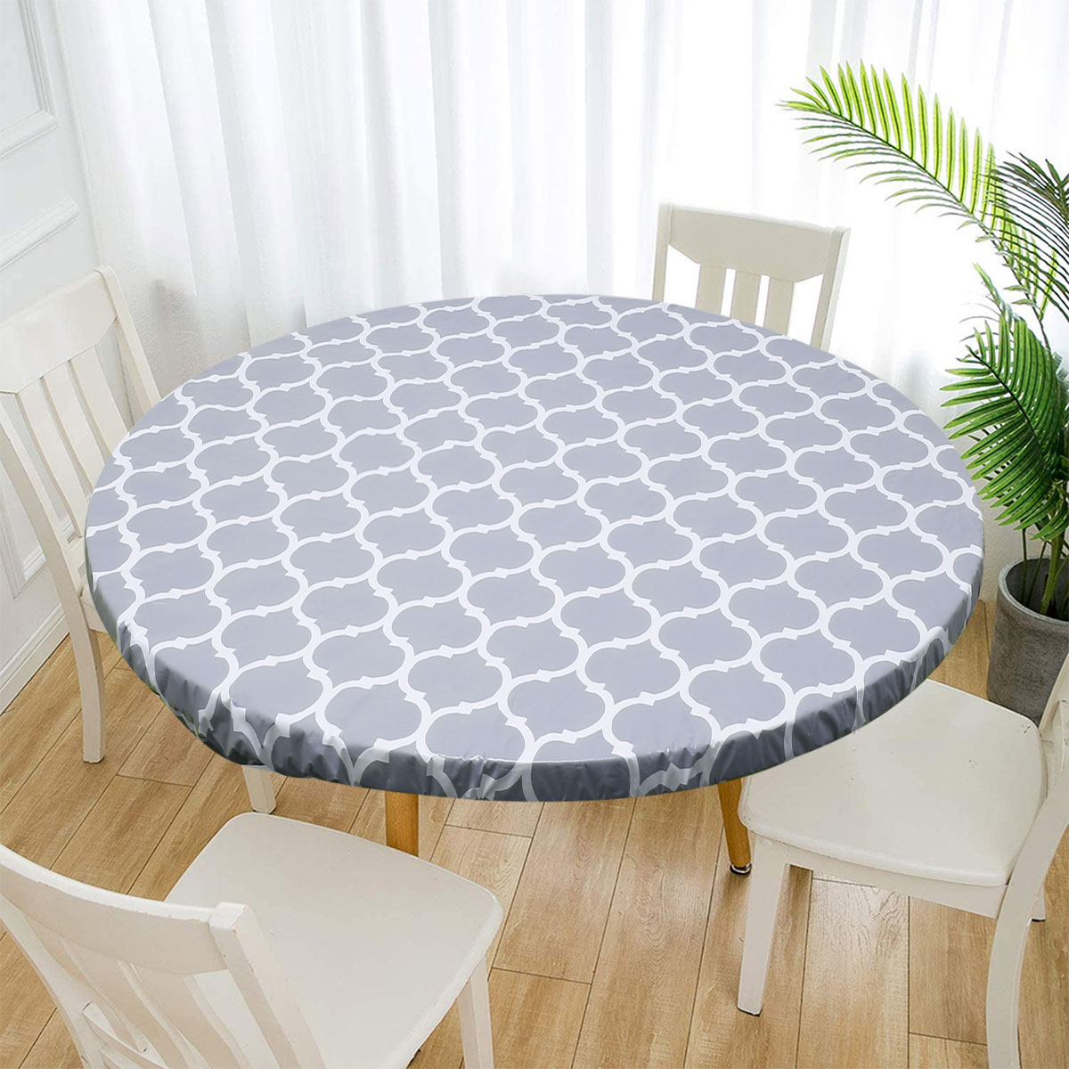 Elastic Edged Vinyl Fitted Tablecloth Flannel Backed & Elastic Edge Table Cover Indoor Outdoor Round Fitted Vinyl Table Cloth: WHITE / 100*130cm
