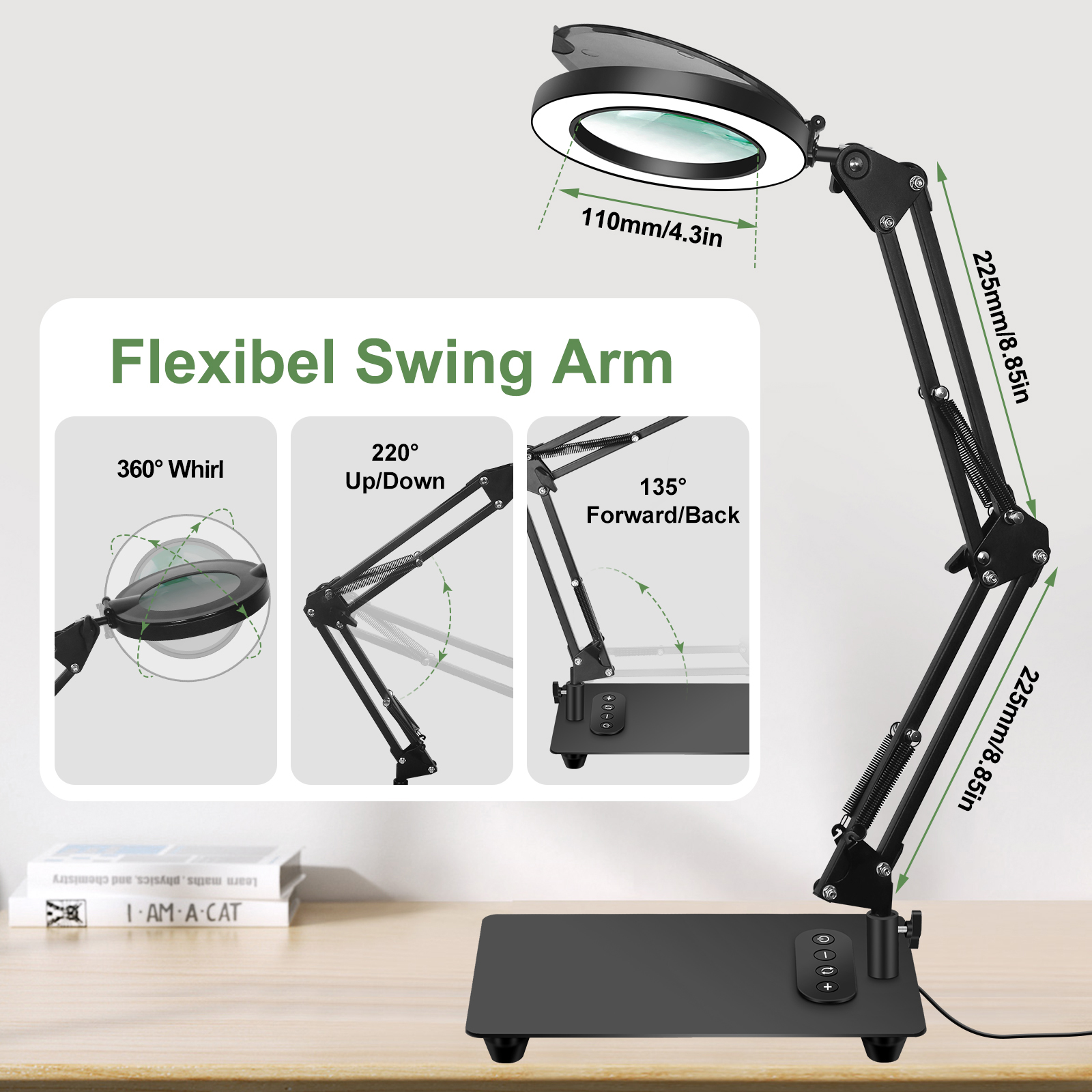 Magnifying Glass with Light and Stand 5X Magnifying Lamp with 5 Color Modes Stepless Dimmable Adjust Swivel Arm Desk Magnifier
