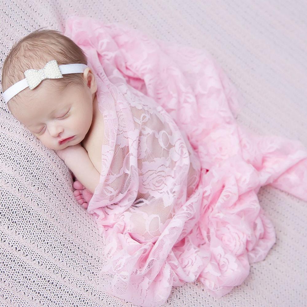 Newborn Infant Baby Girls Boys Photography Props Stretch Lace Flower Print Carpet Infant Bow Swaddle Wrap Blanket Set