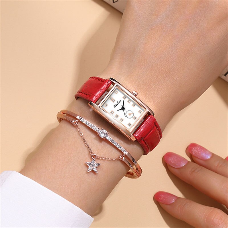 Reloj de correa de cuero fino para mujer, pulsera de mano rectangular con diamantes de imitación, a la , para estudiantes