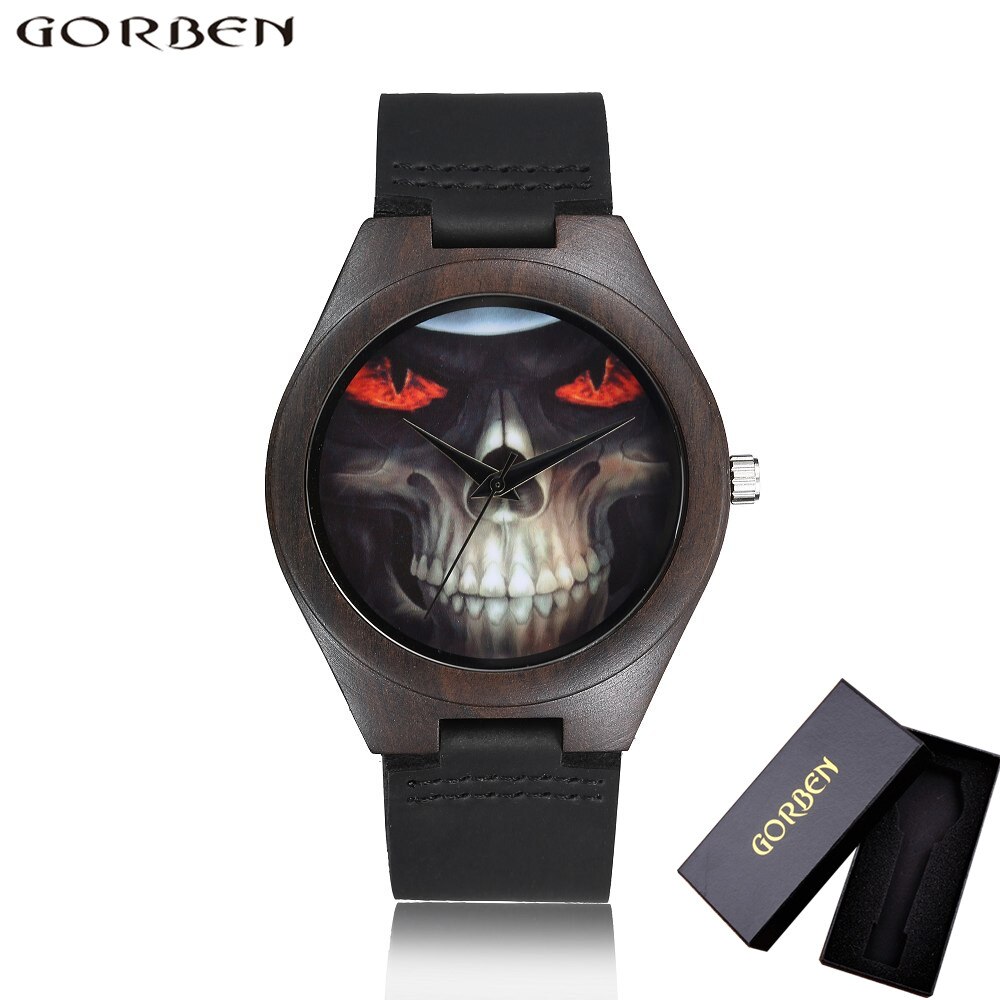 Relojes analógicos de madera para hombre y mujer, Reloj de pulsera de cuarzo con único de calavera, correa de cuero cómoda: W023Box