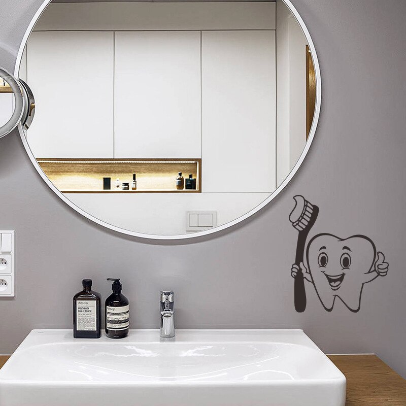 Cartoon cute teeth brush stick bathroom glass home DIY wall background decorative PVC wall stickers self adhesive room decor`