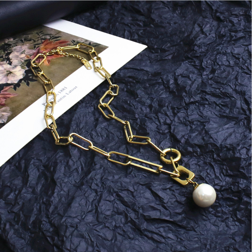 316l stainless steel new elegant jewelry hip hop geometric pearl charms thick chain choker necklaces & pendants for women