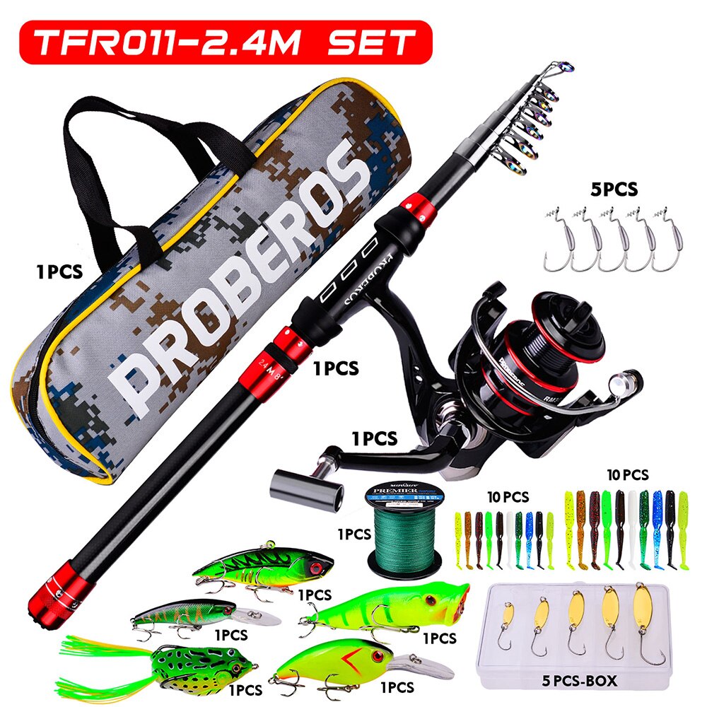 PROBEROS 1.8m-3.6m Telescopic Casting Fishing Combo Portable Ultralight Rod and 5.2:1 Gear Ratio Fishing Reel Fishing Tackle Kit: 2.4m and 2000 KIT