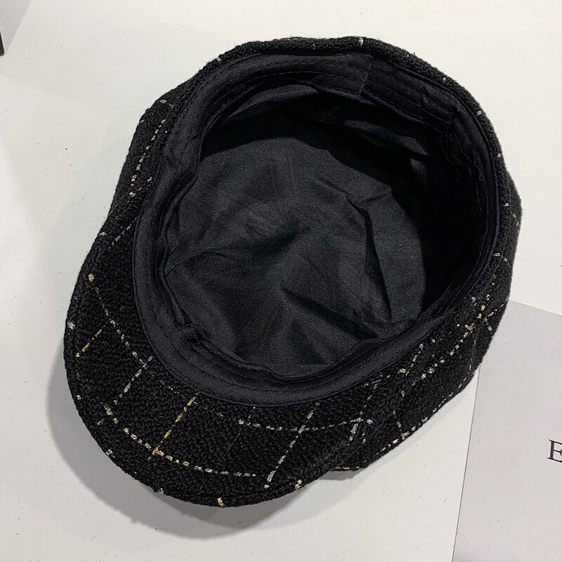 Boina negra para mujer, sombrero octogonal de otoño e invierno, gorra Retro de Pintor británico para mujer, gorra con patrón a cuadros para mujer, gorras, capó Vintage