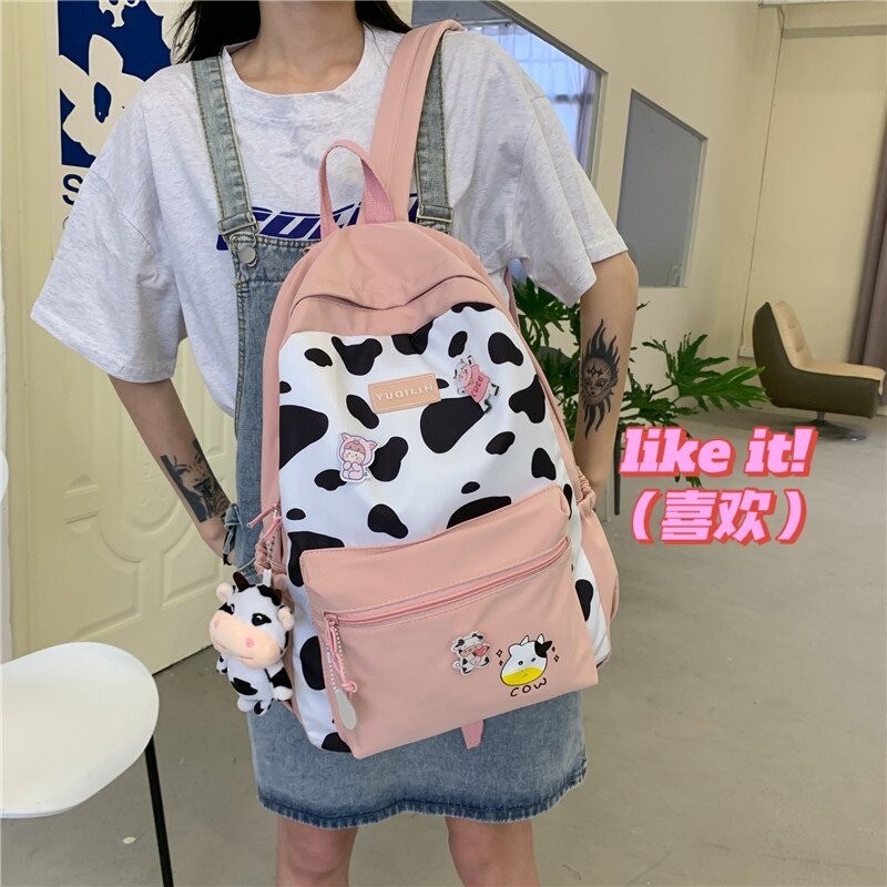 Cow Pattern Nyon Women Backpack Female Lovely School Bag For Teenage Girls Large Capacity Contrast Color Travel Bag Mochila