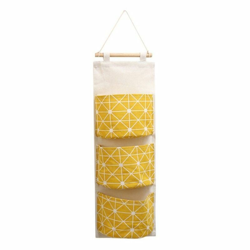 Organizador de lino y algodón para colgar en la puerta de la pared, bolsas de almacenamiento para decoración del hogar, armario, cosméticos, juguetes, 3 bolsillos: Yellow
