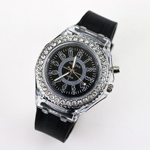 Led-flitser lichtgevend horloge met gelei, rubber, dameshorloge, studentenhorloge, quartzhorloge, lichtgevende klok, liefhebbers: Zwart