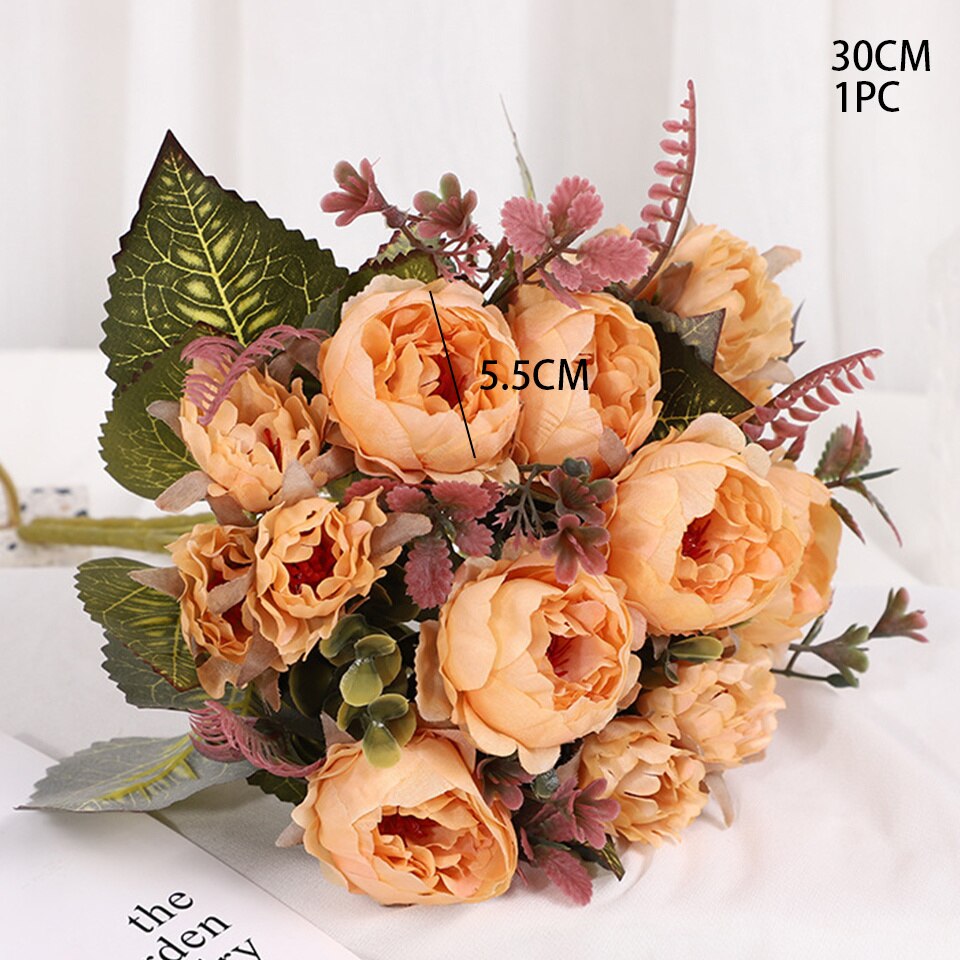 1 bukett kunstig mini peon blomster bukett 9 hoder peon blomster til hjemmet bord vise bryllup diy dekorasjon blomster: Lys oransje