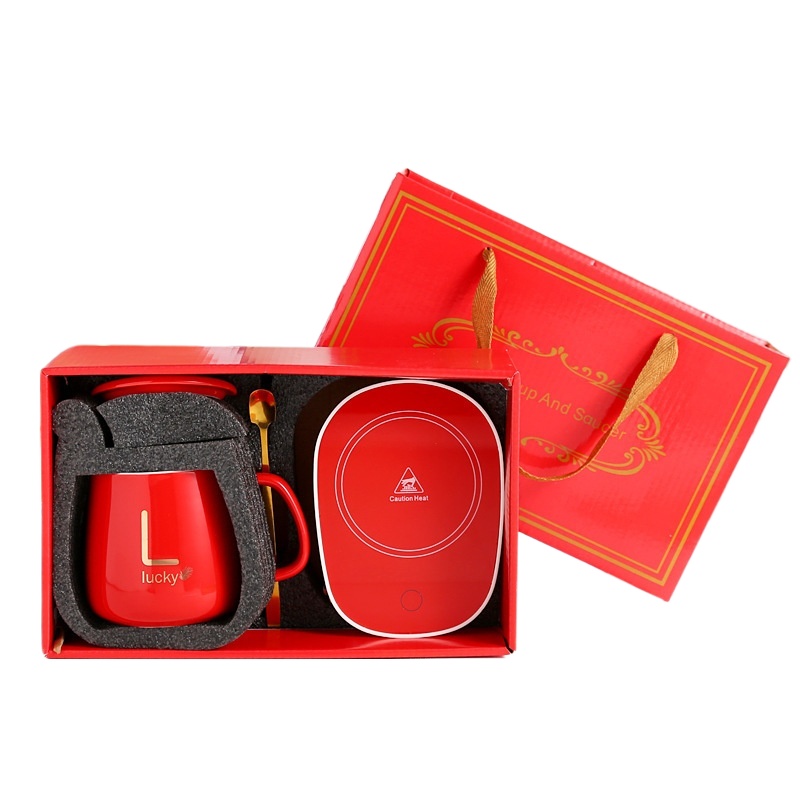 Ceramic Thermostatic Cup with Spoon with Lid Portable Box Set Coffee Cup Mug School Office Convenient and Practical: Orange