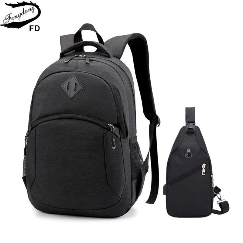Fengdong sacs d'école pour garçons étudiant étanche 15.6 pouces sac à dos pour ordinateur portable école sacs à dos pour adolescents fronde poitrine sac ensemble: black