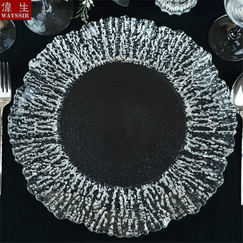 Dia34 cm Flower Shaped Silver Gold Rim Transparent Glass Charger Plate Wedding Party Decoration Events Tableware Tray Show Plate