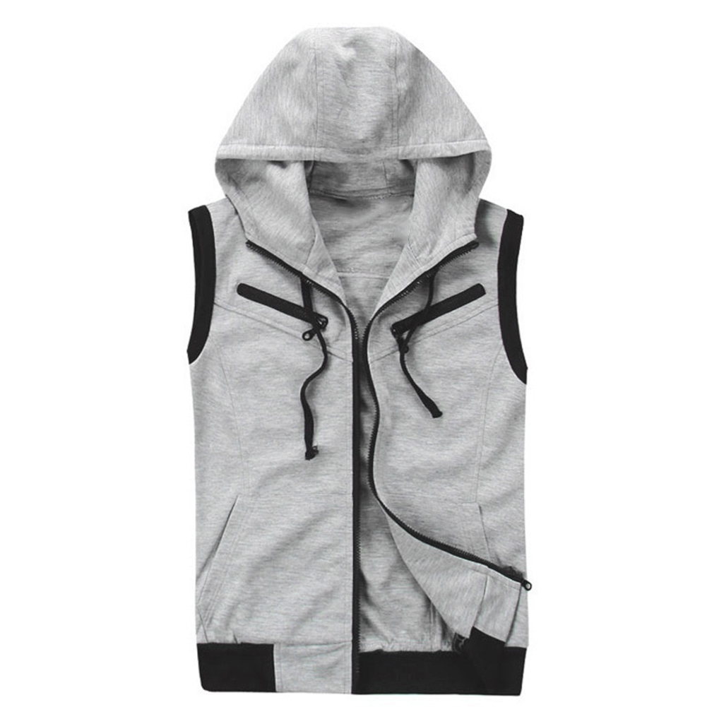 men's monochromatic hooded vest zipper pocket sleeveless vest jacket