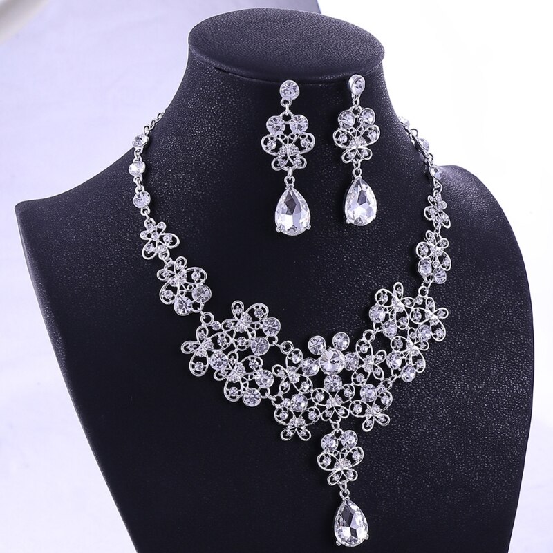 Tiara Kroon Oorbellen Ketting Sets Voor Bruid Bruiloft Prom Party Jurk Rhinestone Zilveren Kroon Wedding Earring