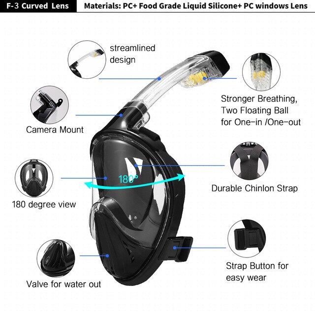 Diving Mask Underwater Anti fog Panoramic Full Face Snorkel Women Men Swimming Snorkeling Mask Scuba Goggles Camera Mount