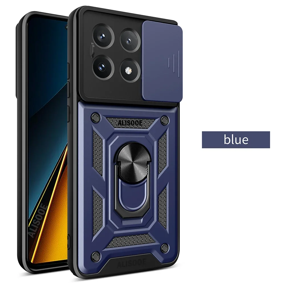 Funda For POCO X7 Pro / X6 Pro 5G Case Armor Slide Camera Lens Protection Cover for Xiaomi POCO X6 5G Ring Stand Shockproof Capa: aluminum / Blue