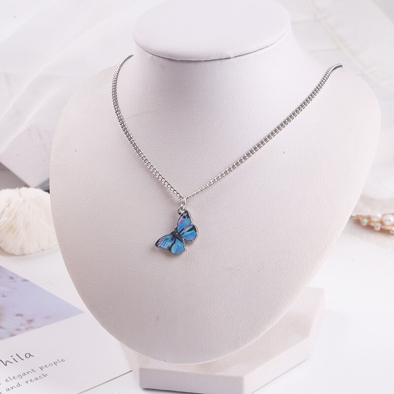 Koreańska, niebieska gradientowa motyl naszyjnik dla kobiet dziewczyn kolor srebrny motyle wisiorek choker naszyjniki biżuteria prezent hurtownia: C