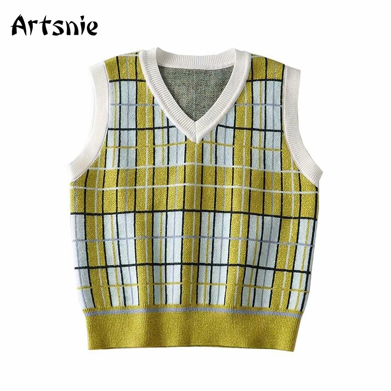 Artsnie vintage geruite trui vest dames herfst o hals mouwloos pullover femme streetwear casual crop truien dames trui