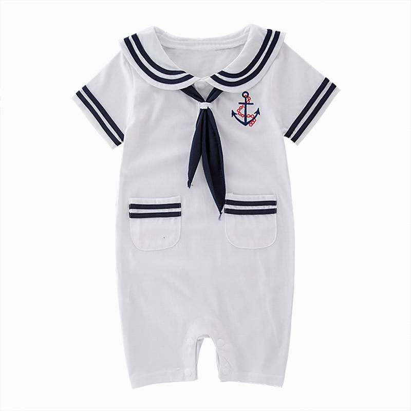 Baby Junge Sommer Strampler Neue Seemann kragen Kurzarm Baumwolle Strampler Kleinkind Kleidung E13255: Weiß / 70cm (0-3M)