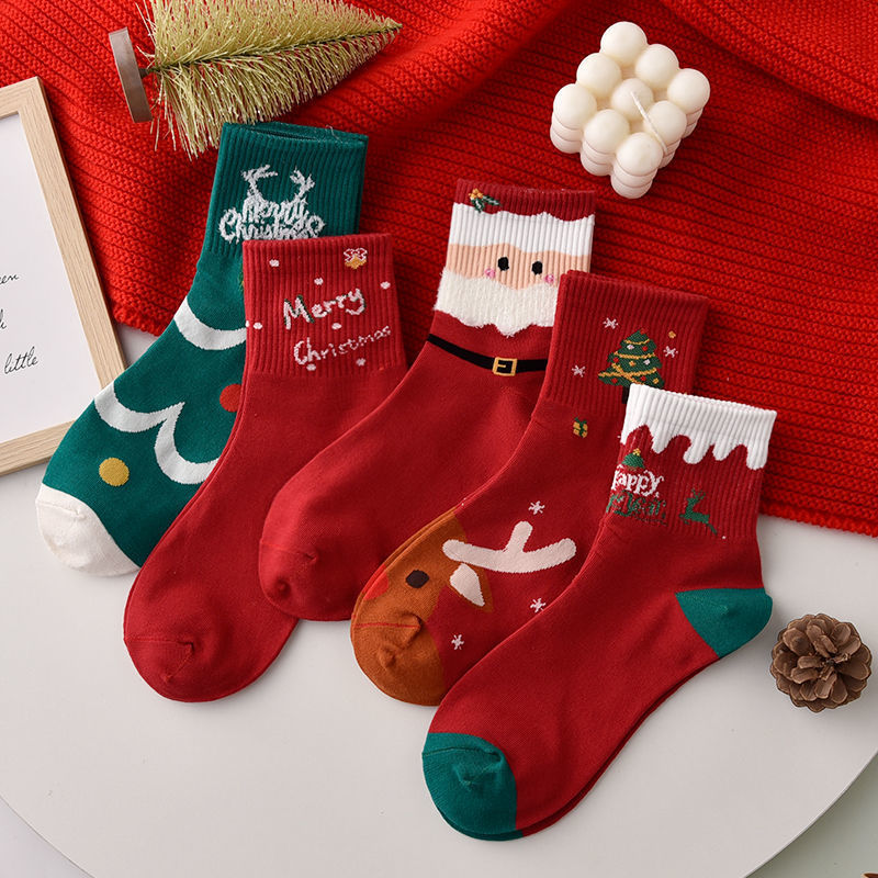 5 Paires Chaussettes Noël Dessin Animé - Motif Cartoon - Femme Casual Tricot - Tube Milieu Épais: Bleu