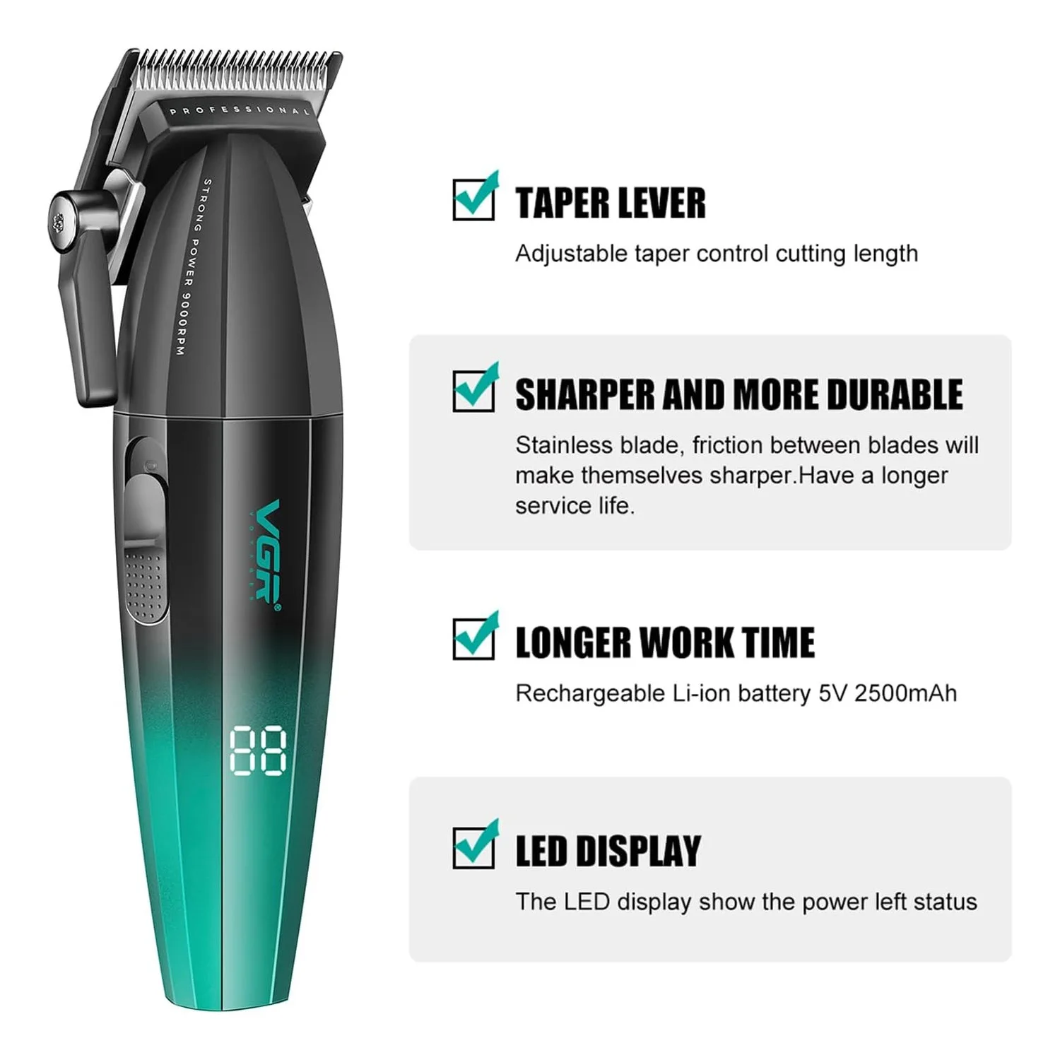 Vgr 003 906 profissional fade máquina de cortar cabelo sem fio aparadores para homens conjunto carga usb display led kit corte cabelo