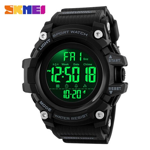 Skmei sport klokker herre digital klokke klokke 2 tid 12/24 timer el ligjt vanntett armbåndsur relogio masculino 1384: Svart