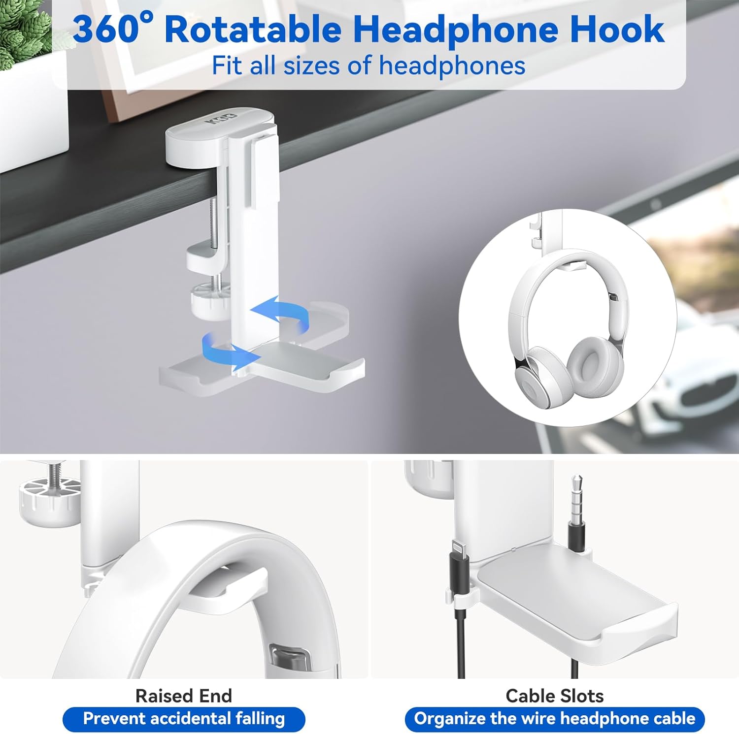 4-in-1 Desktop Organizer - Headphone Hanger and Pen Holder Cup Clamped Under the Desktop - Rotating Headphone Stand