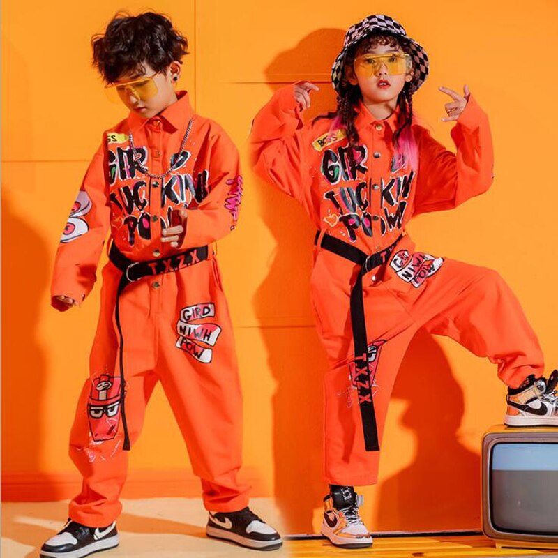 Los niños de manga corta fresca Hip Hop ropa mono naranja Mono para niñas niños traje de baile de Jazz de baile ropa