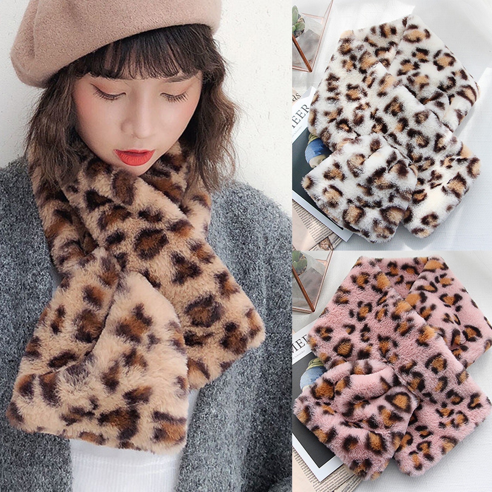 Women Leopard Print Scarves Wraps Winter Faux Villus Scarf Outerwear Lady Pearl Scarf Warm Multi-purpose Shawl Scarf Scarves