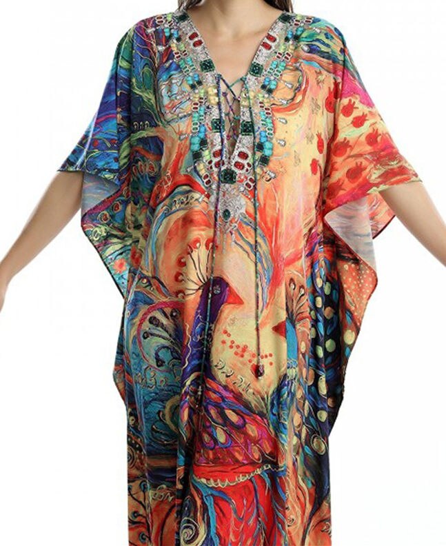 Kaftan Strand Lange Katoenen Tuniek Bohemian Gedrukt Losse Zomer Jurk Gewaad Plus Size Vrouwen Beach Wear Swim Suit Cover up Q1044