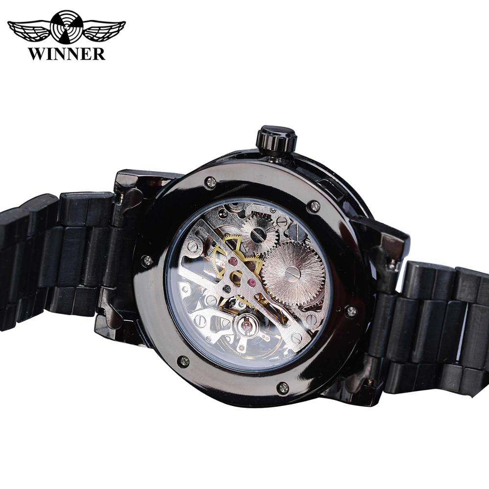 Winnaar Classic Blue Mens Mechanische Horloges Romeinse Zwart Roestvrij Stalen Band Rhinestone Skeleton Hand Wind Bedrijvengids Horloge Klok