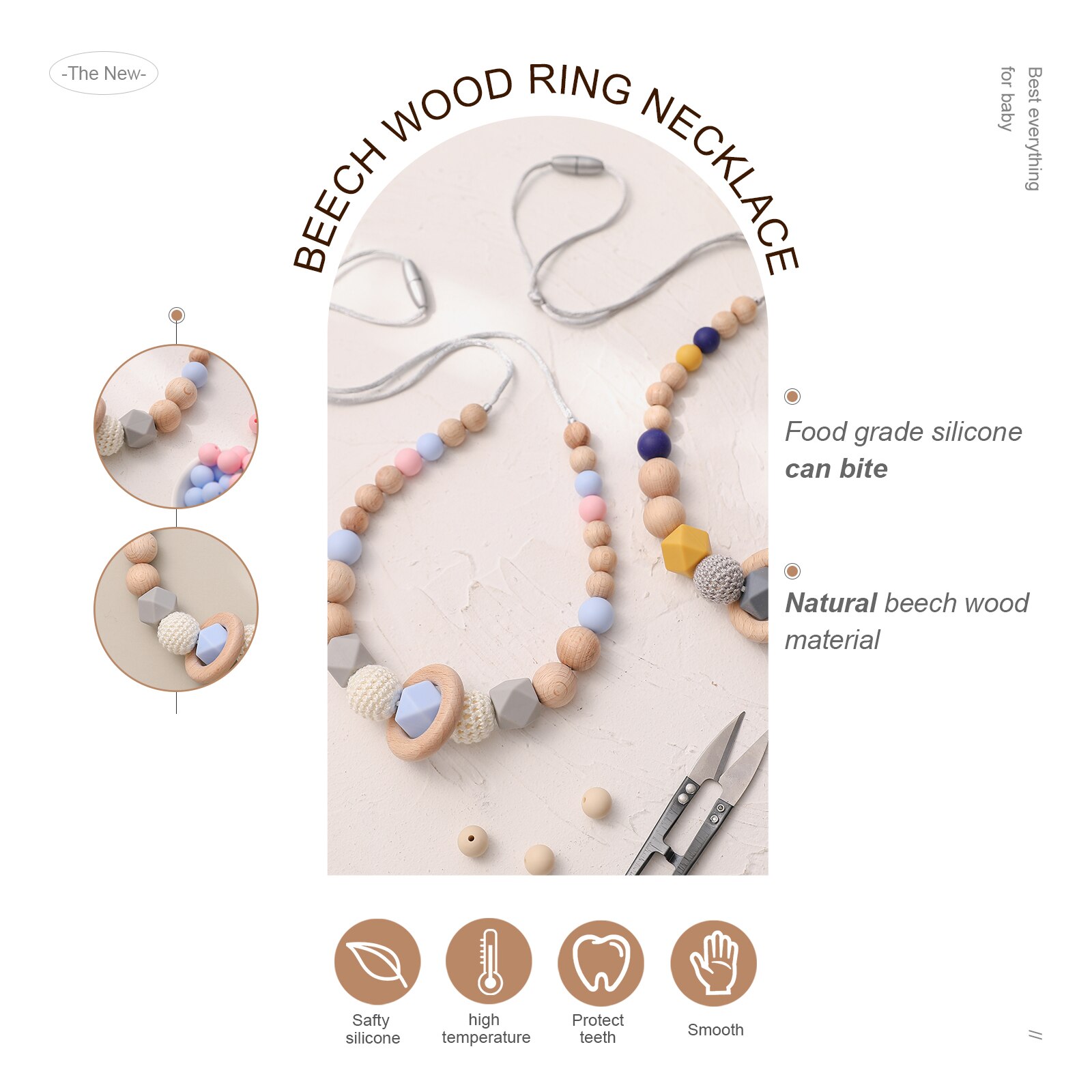 1 Pcs Food Grade Silicone Baby Bijtring Ketting Beuken Houten 40Mm Siliconen Kralen Lange Ketting Verpleging Speelgoed Training Baby chew Toy