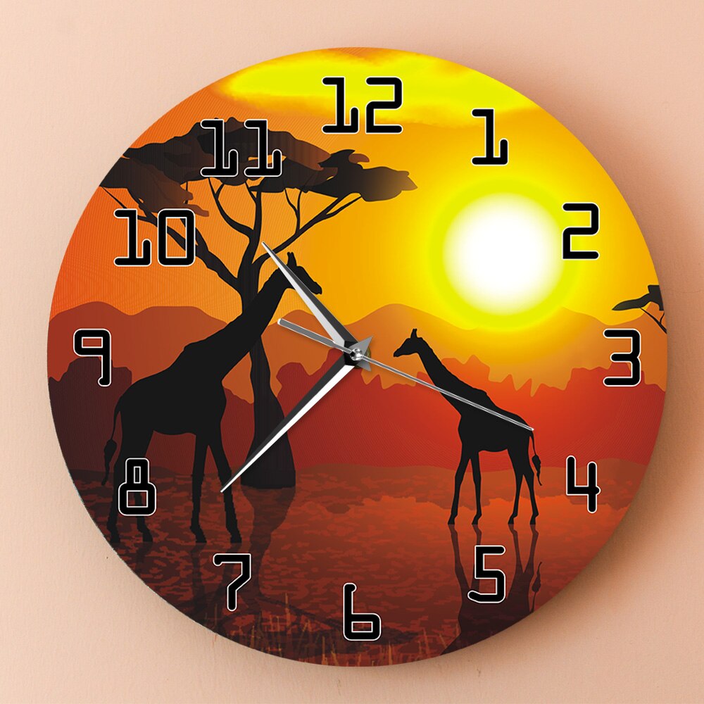Serengeti African Sunset Savannah Safari Printed Hanging Timepiece Wildlife Giraffe Watch No Ticking Slient Wall Clock