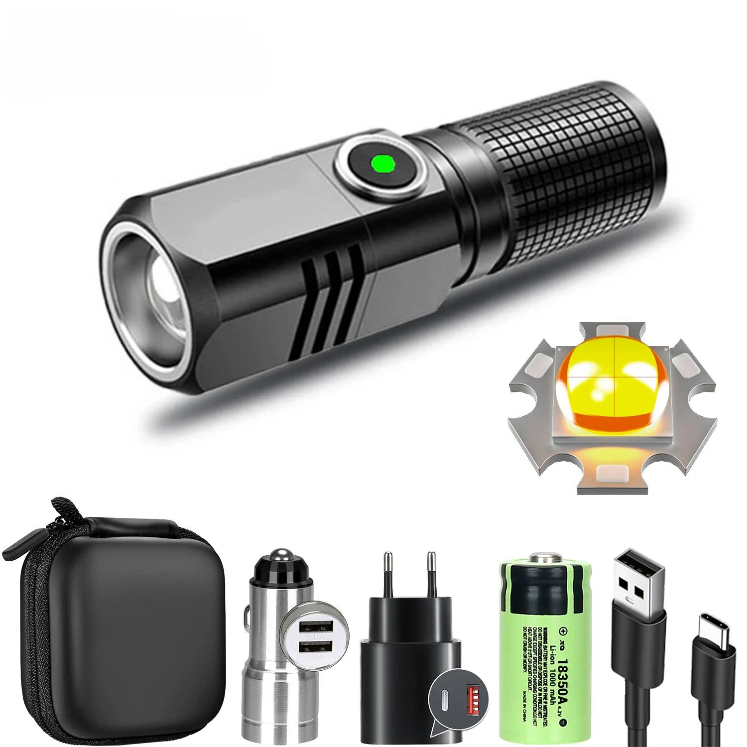 mini-lommelykt xhp 50 ledet usb c oppladbar 16340 18650 batterilommelykt 1500lm kraftig lommelykt kan lukkes med ett klikk: Foranderlig